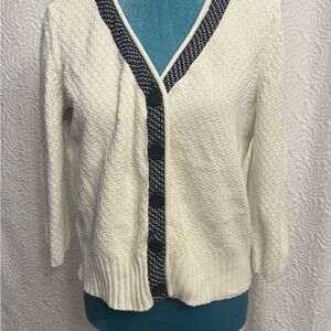 LOFT White and Black Cardigan with V-neck and Textured Knit